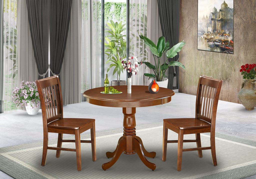 ANNO3-E18-M 3 Piece Mahogany Dining Ensemble Round Table with Pedestal and Two Chairs Set, 36x36 Inches