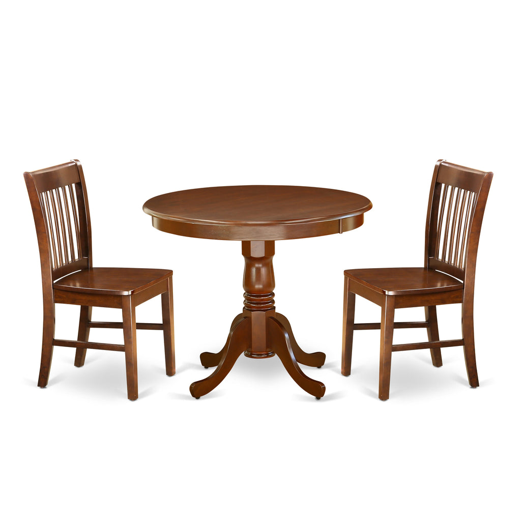 ANNO3-E18-M 3 Piece Mahogany Dining Ensemble Round Table with Pedestal and Two Chairs Set, 36x36 Inches