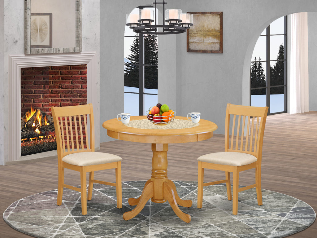 ANNO3-TYN-K Compact Oak Dining Trio 36 Round Pedestal Table & 2 Linen Chairs, Ideal for Small Spaces