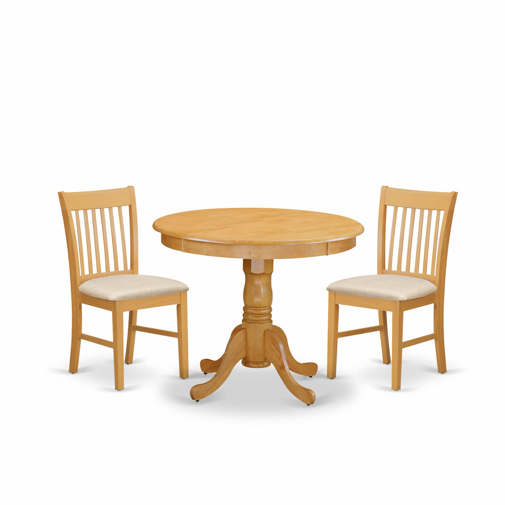 ANNO3-TYN-K Compact Oak Dining Trio 36 Round Pedestal Table & 2 Linen Chairs, Ideal for Small Spaces