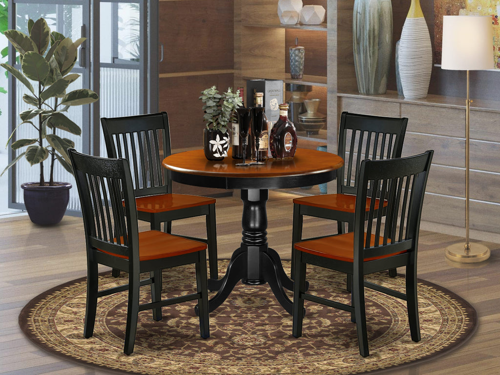 ANNO5-K5C-8 Dining Ensemble 5-Piece Round Table Set with Pedestal and 4 Chairs, Black & Cherry, 36x36