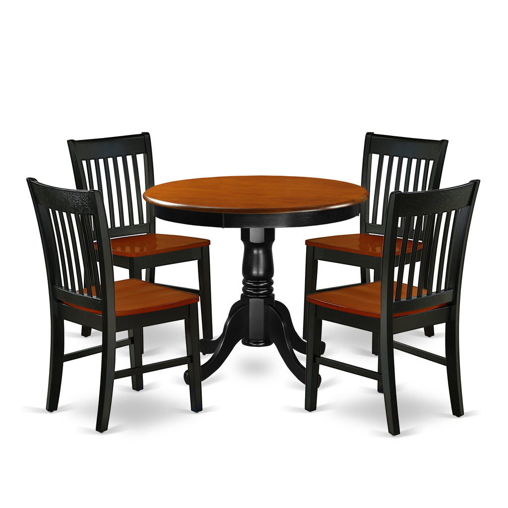 ANNO5-K5C-8 Dining Ensemble 5-Piece Round Table Set with Pedestal and 4 Chairs, Black & Cherry, 36x36
