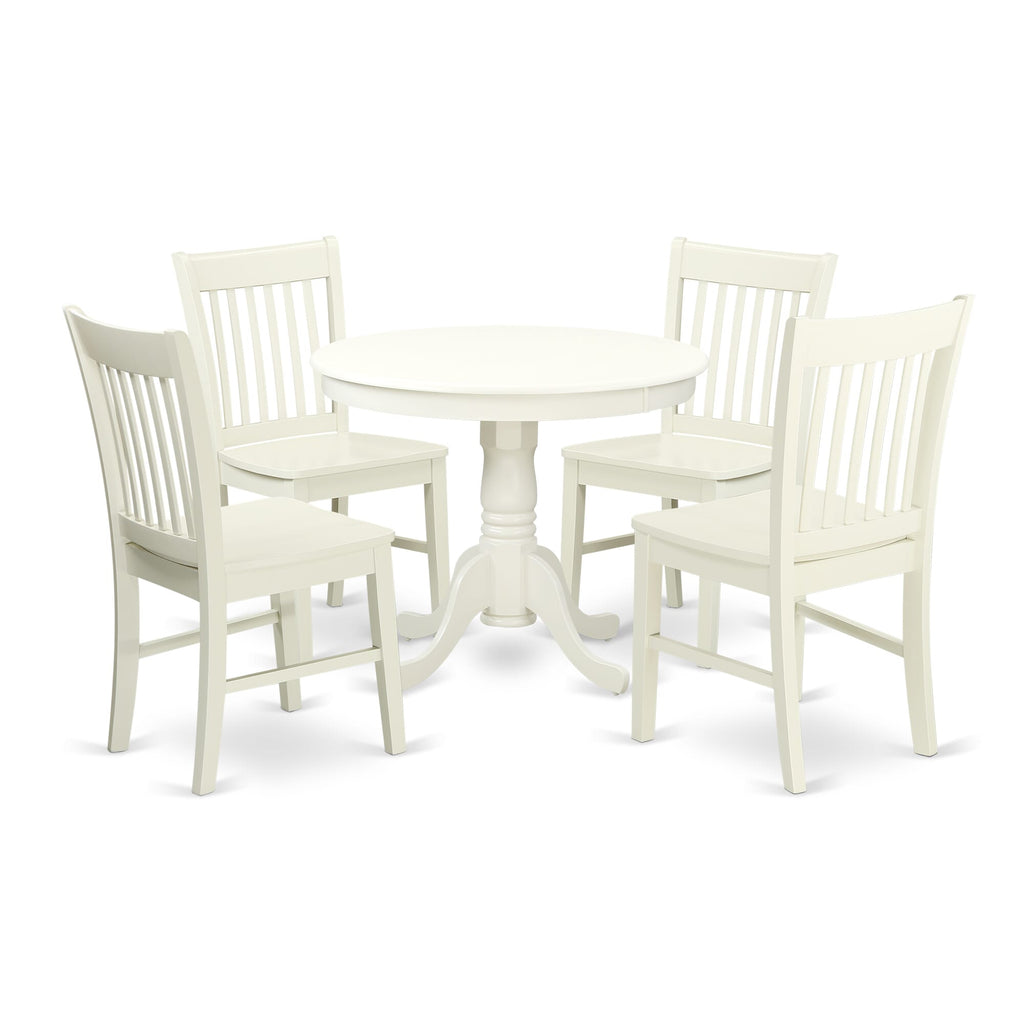 5-Piece 36x36 Round Dining Set ANNO5-F43-9 Elegant Pedestal Table & Chairs for Kitchen or Dining Room in Crisp White Finish
