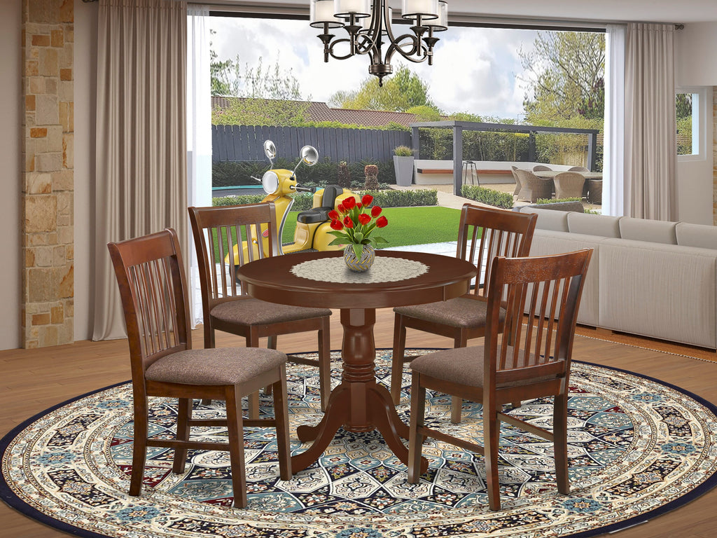 Kitchen Dining Set for 4 with Round Pedestal Table & 4 Upholstered Seats - Mahogany Finish ANNO5-DKT-K