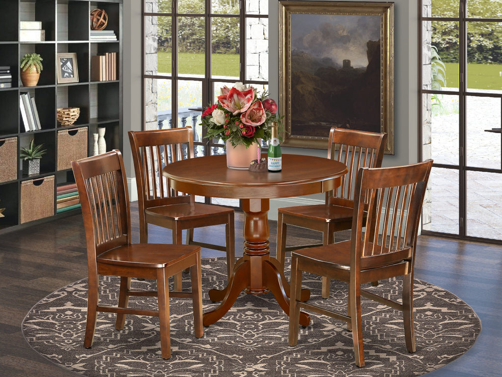 Dining Ensemble ANNO5-GKK-E 5-Piece Set with Round Pedestal Table & 4 Wooden Chairs, 36x36in, Mahogany Finish