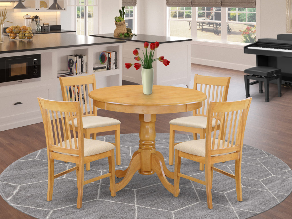ANNO5-YM9-1 Elegant 5-Piece Dining Set with Round Table & 4 Linen Cushioned Chairs, 36-inch Oak Finish