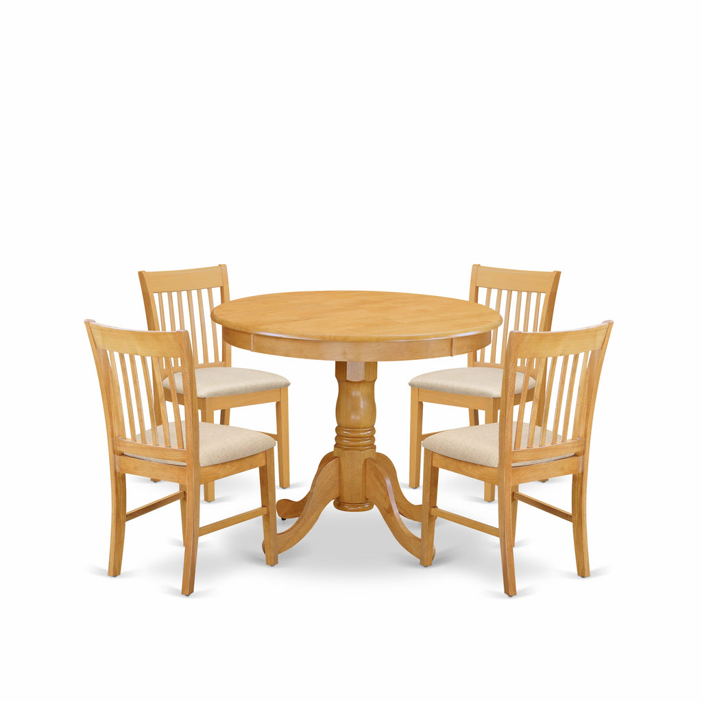 ANNO5-YM9-1 Elegant 5-Piece Dining Set with Round Table & 4 Linen Cushioned Chairs, 36-inch Oak Finish