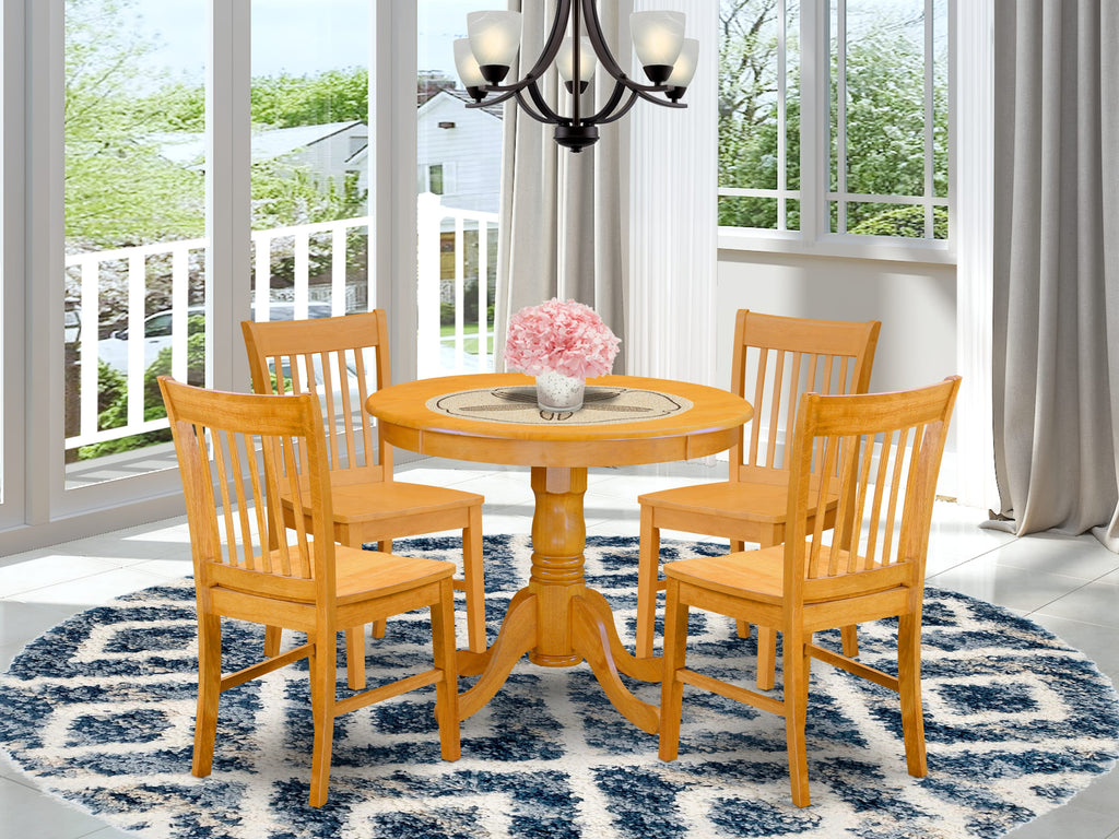 ANNO5-KK0-G 5-Piece Oak Dining Ensemble Round Pedestal Table with 4 Wood Chairs - Elegant 36 Design