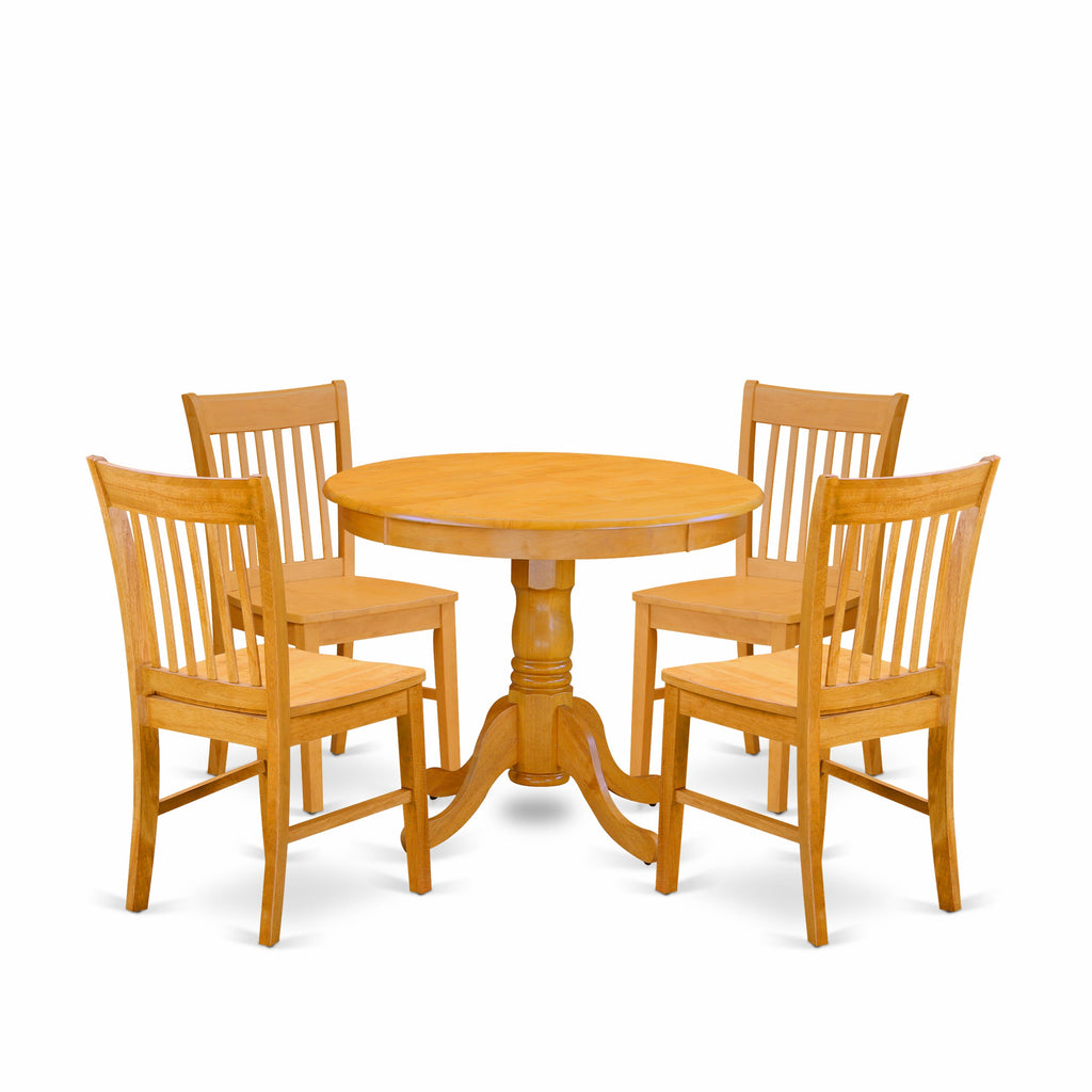 ANNO5-KK0-G 5-Piece Oak Dining Ensemble Round Pedestal Table with 4 Wood Chairs - Elegant 36 Design