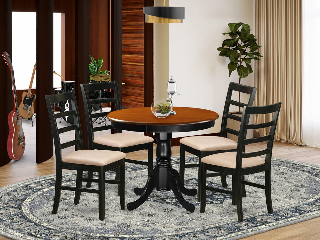 ANPF5-OK7-U 5-Piece Dining Ensemble with Circular Pedestal Table & Upholstered Seats in Black Cherry