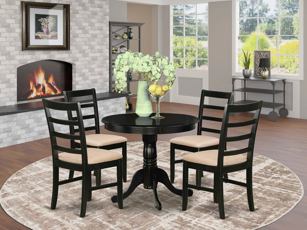 ANPF5-0ZV-E 5-Piece Set Elegant Round Table and Fabric Chairs in Rich Cappuccino Finish, 36x36