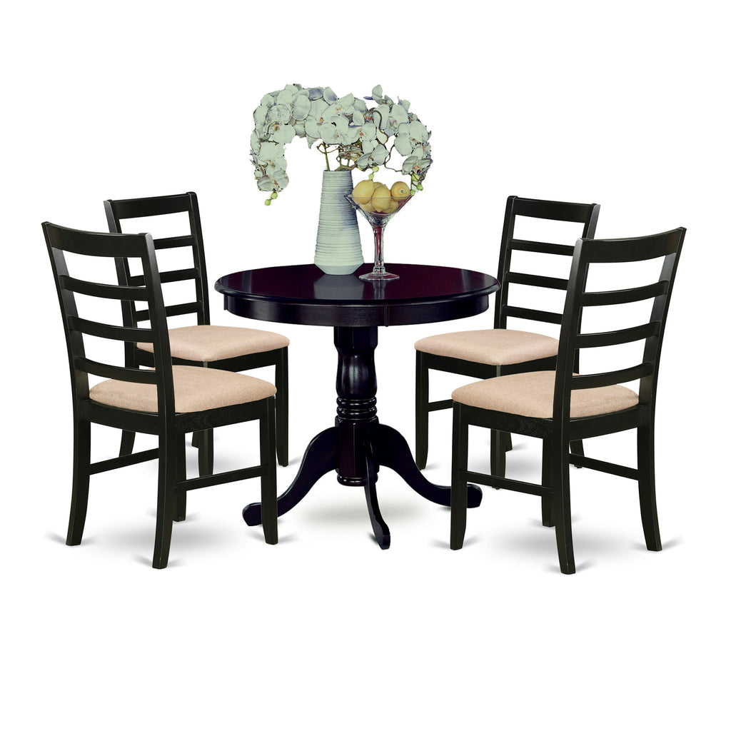 ANPF5-0ZV-E 5-Piece Set Elegant Round Table and Fabric Chairs in Rich Cappuccino Finish, 36x36