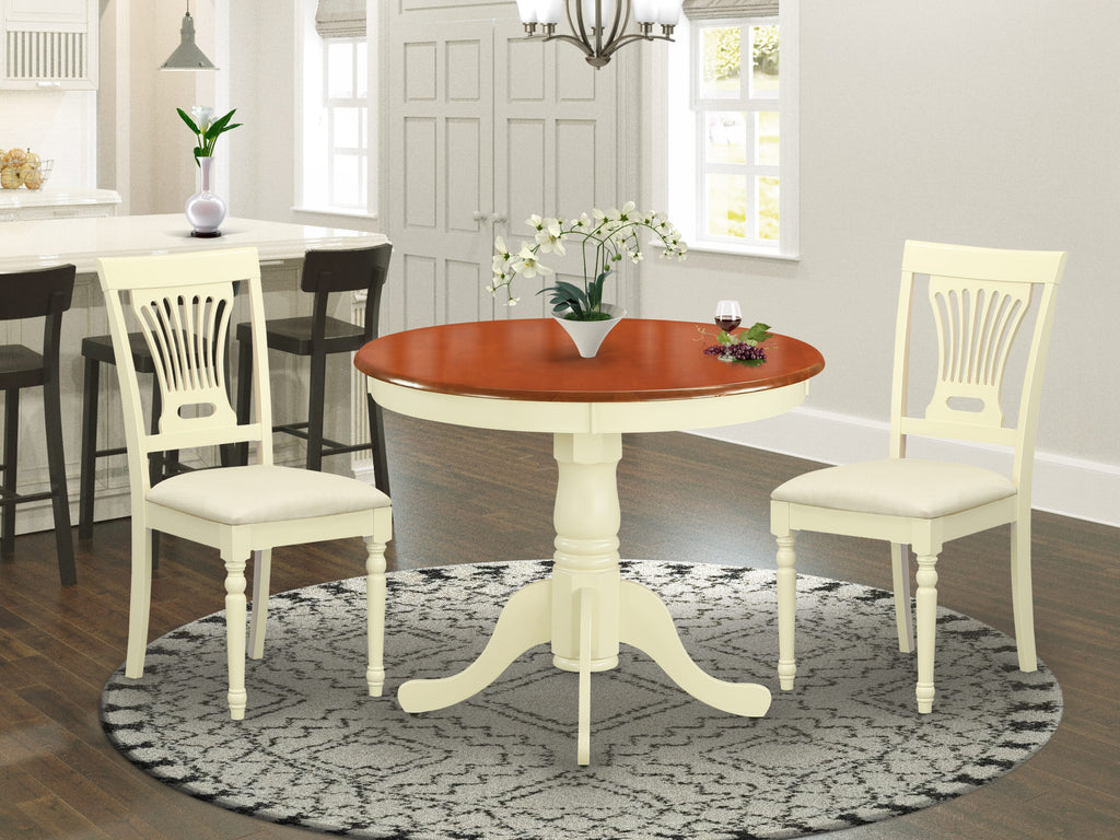 ANPL3-WLJ-E Cozy Trio Set with Round Table & 2 Linen Chairs, Ideal for Compact Areas, Buttermilk & Cherry Finish