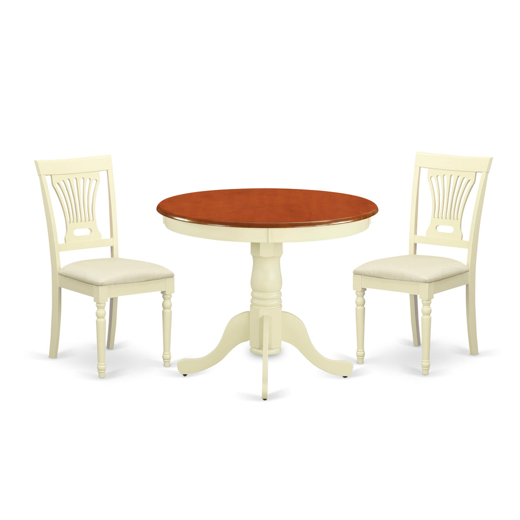 ANPL3-WLJ-E Cozy Trio Set with Round Table & 2 Linen Chairs, Ideal for Compact Areas, Buttermilk & Cherry Finish