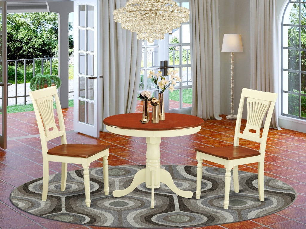 ANPL3-YKP-Q Charming 3-Piece Round Dining Room Set with Pedestal Table and Two Chair Seats, Buttermilk & Cherry