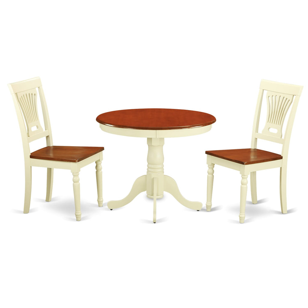 ANPL3-YKP-Q Charming 3-Piece Round Dining Room Set with Pedestal Table and Two Chair Seats, Buttermilk & Cherry