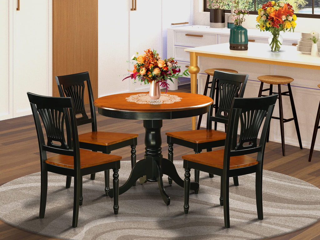 ANPL5-0XX-E Five-Set Dining Ensemble Round Table & Four Wood Chairs, 36-inch in Black & Cherry