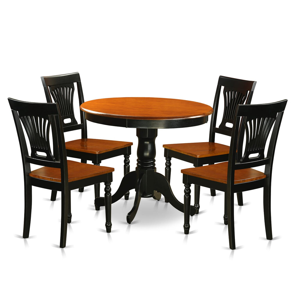 ANPL5-0XX-E Five-Set Dining Ensemble Round Table & Four Wood Chairs, 36-inch in Black & Cherry