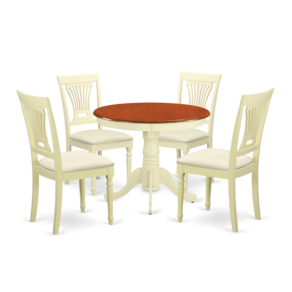 ANPL5-WI0-G 5-Piece Dining Ensemble for 4 with Round Table & 4 Upholstered Chairs, Cream and Cherry