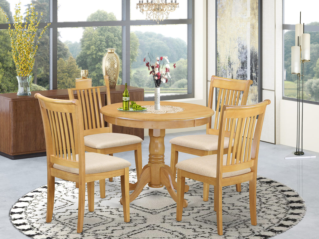 ANPO5-ITA-1 5-Piece Dining Ensemble Featuring Round Table and Linen Upholstered Chairs, 36-Inch, Oak Finish