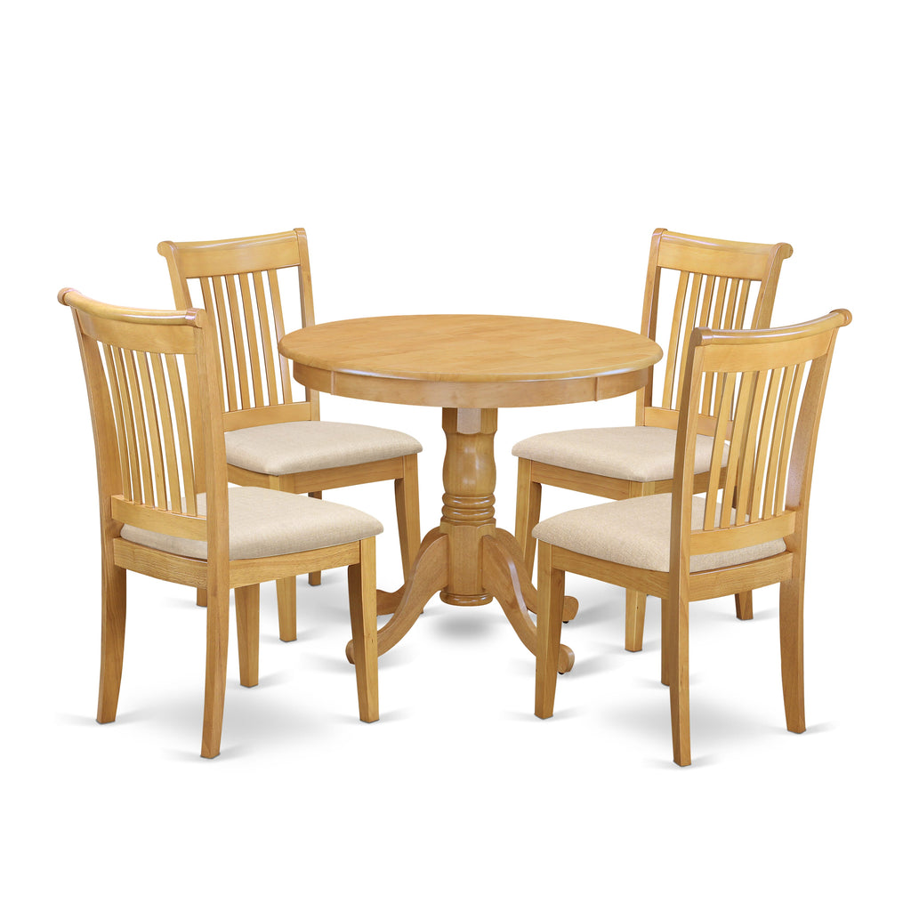 ANPO5-ITA-1 5-Piece Dining Ensemble Featuring Round Table and Linen Upholstered Chairs, 36-Inch, Oak Finish