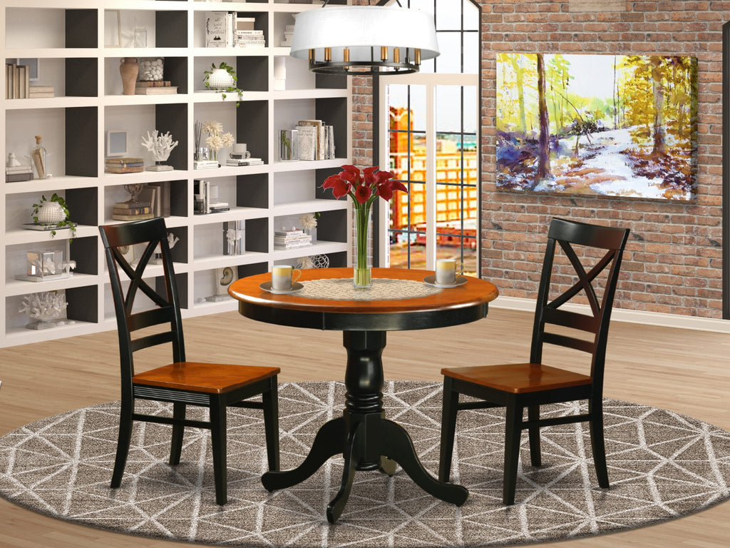 ANQU3-3AQ-I Modern 3-Piece Dining Set with Round Table & Pedestal, Plus Two Chairs in Elegant Black & Cherry Wood Finish