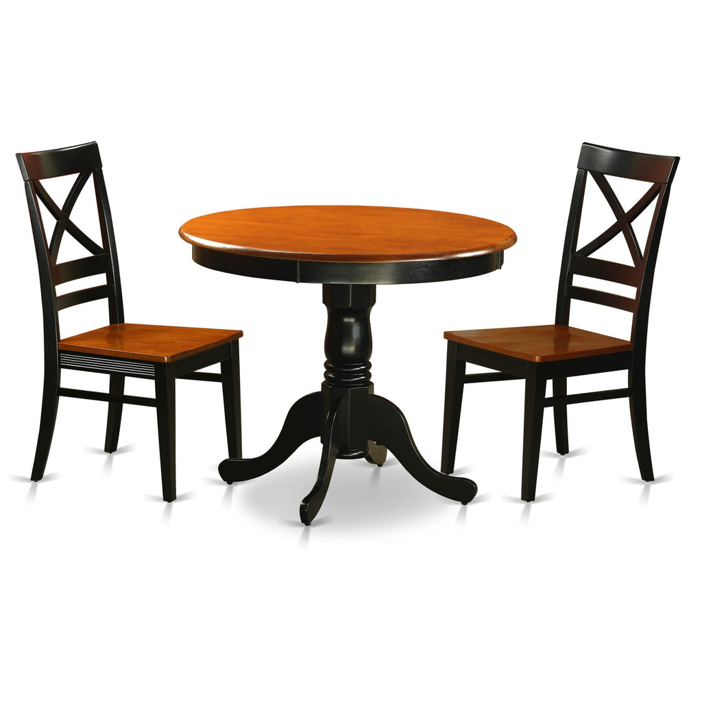 ANQU3-3AQ-I Modern 3-Piece Dining Set with Round Table & Pedestal, Plus Two Chairs in Elegant Black & Cherry Wood Finish