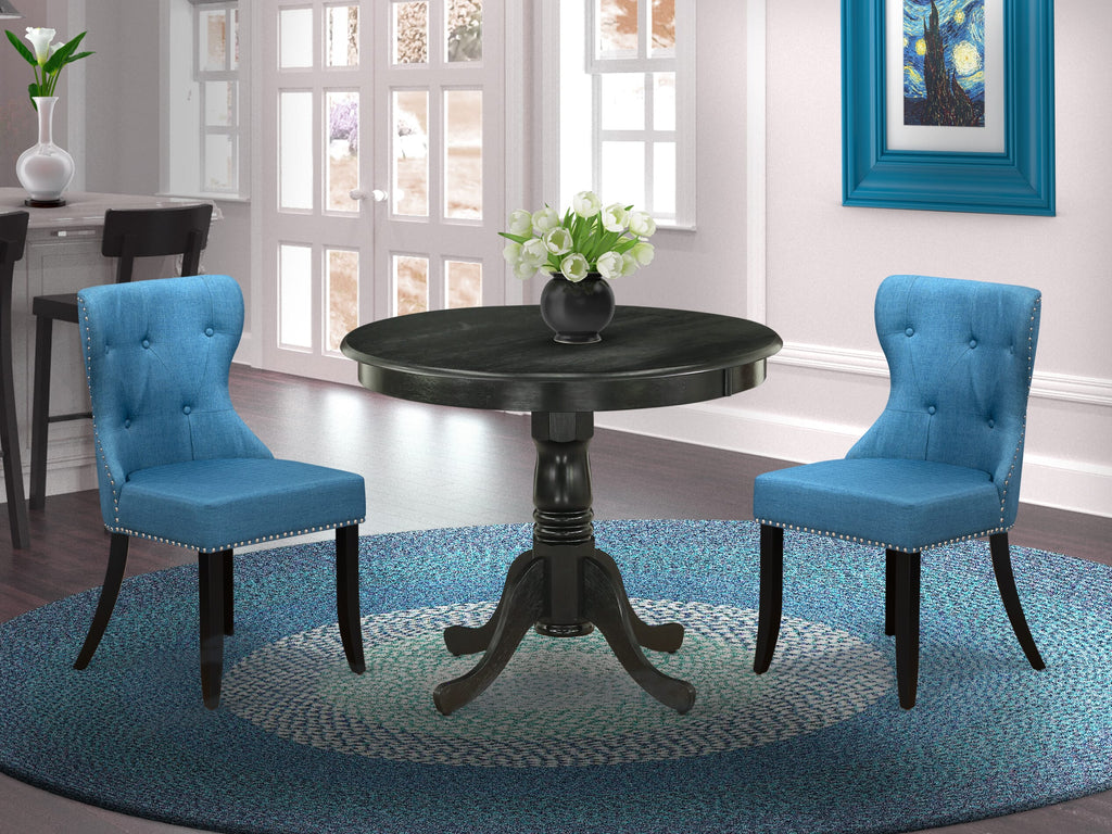 ANSI3-RS3-AC 3-Piece Dining Set Round Pedestal Table + 2 Blue Linen Parsons Chairs, 36x36, Brushed Black Finish