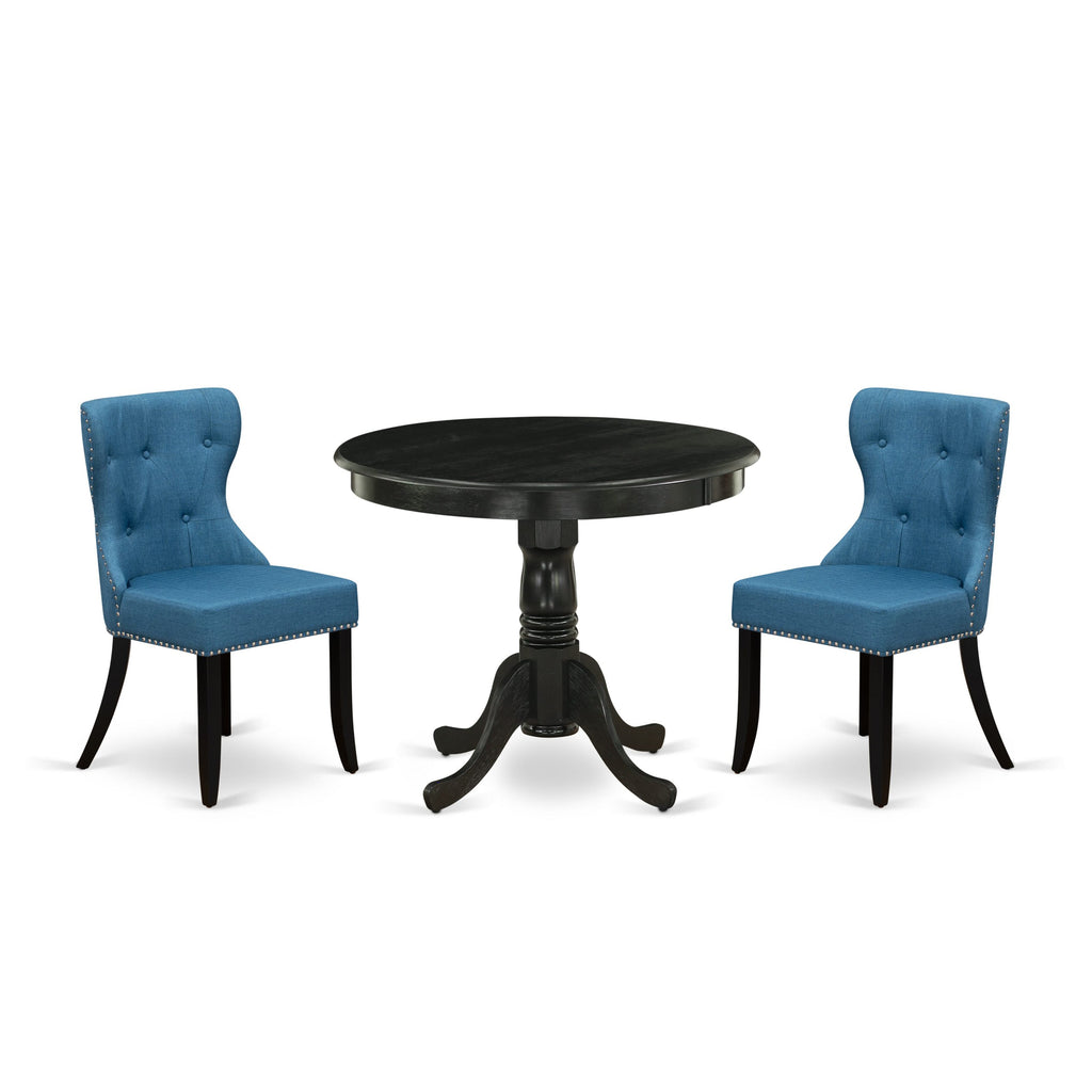 ANSI3-RS3-AC 3-Piece Dining Set Round Pedestal Table + 2 Blue Linen Parsons Chairs, 36x36, Brushed Black Finish