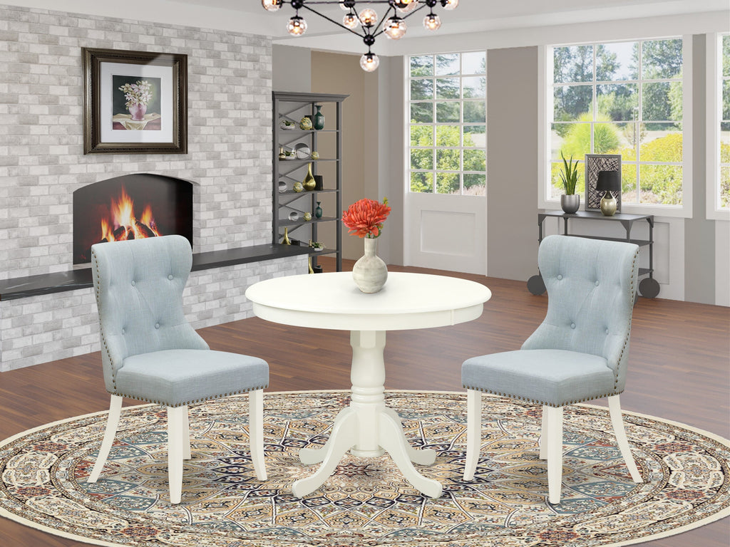 ANSI3-E4M-JX 3-Piece Dining Ensemble Round Pedestal Table & Chic Baby Blue Fabric Chairs Set for Kitchen Spaces, White Linen Finish, 36-Inch
