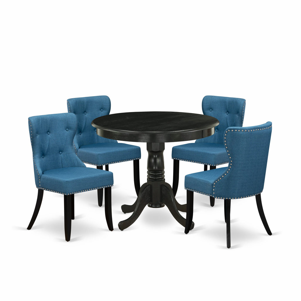 ANSI5-UI1-7A 5-Pc Dining Ensemble Pedestal Round Table & 4 Blue Upholstered Parsons Chairs, 36 Wirebrushed Black