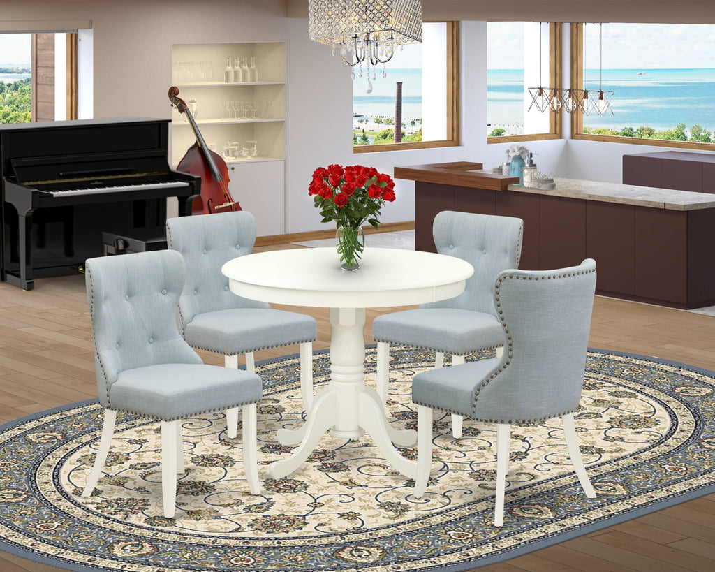 ANSI5-4S2-MG - 5 Pcs Dining Set Round White Table & Powder Blue Chairs, 36x36
