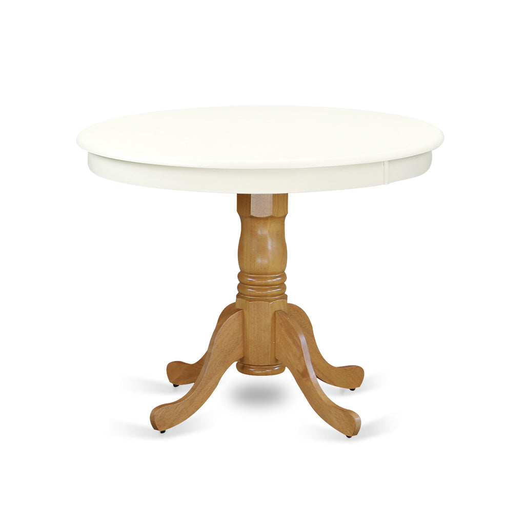ANT-LWB-4T Classic Vintage Style Circular Dining Top with Base, Oak & Linen White Wood, 36 Diameter Table