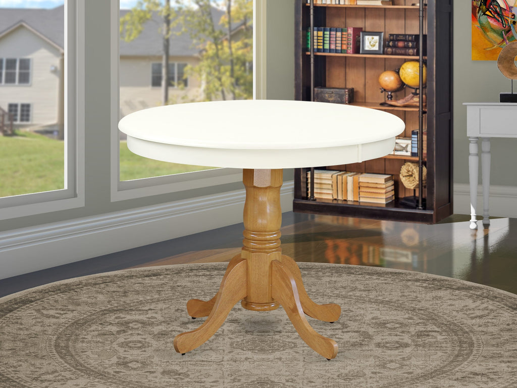 ANT-LWB-4T Classic Vintage Style Circular Dining Top with Base, Oak & Linen White Wood, 36 Diameter Table