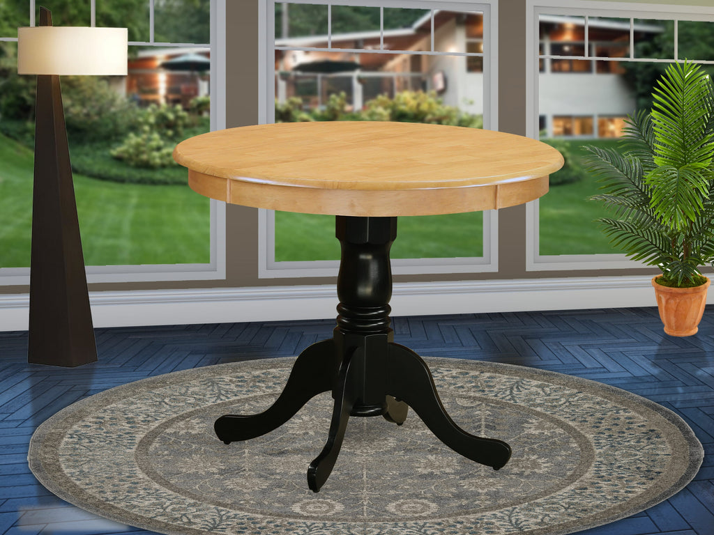 ANT-O7Z-JQ Sleek Round Kitchen Table with Pedestal Base - Antique Oak & Black Finish, 36x36 Inches