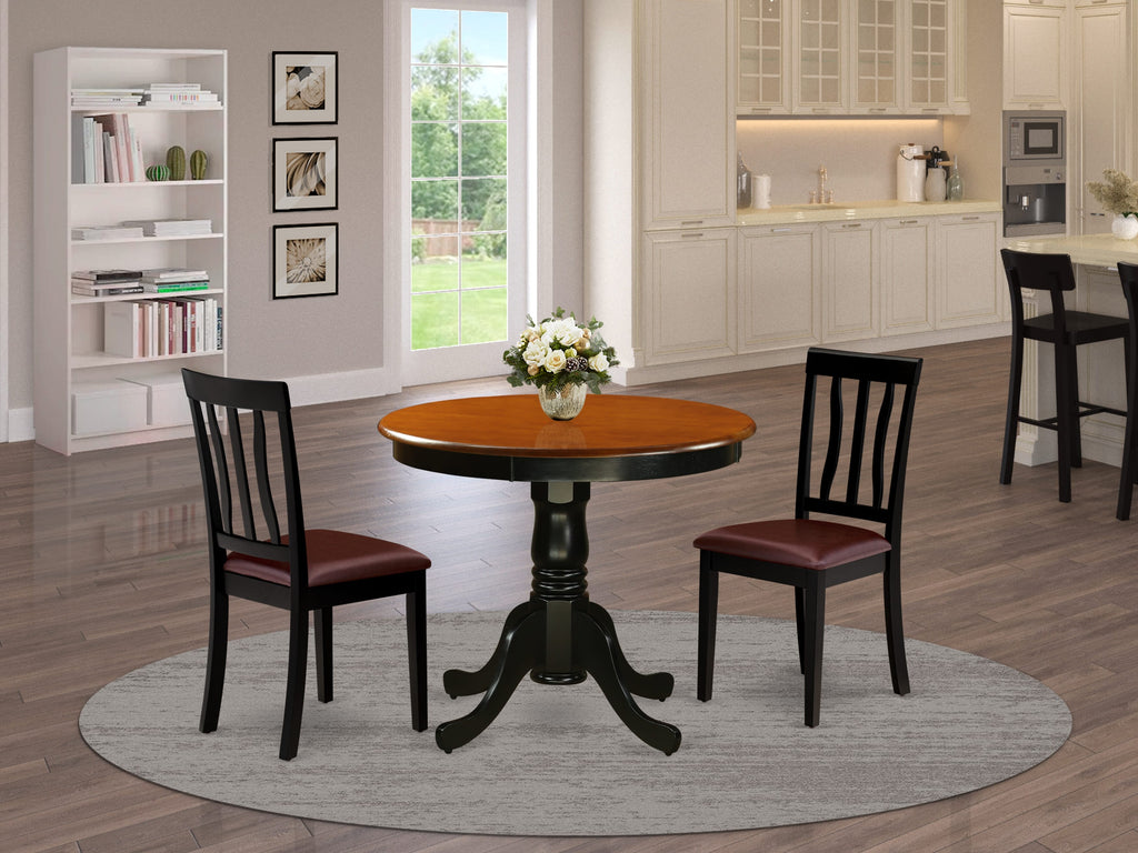 ANTI3-1RW-J8 Three-Piece Meal Set with Circular Table and Leather-Like Enhanced Seating, 36 Black & Cherry