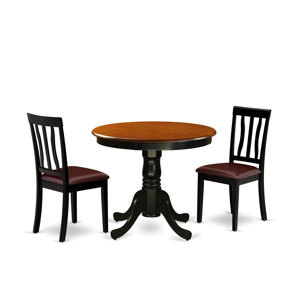 ANTI3-1RW-J8 Three-Piece Meal Set with Circular Table and Leather-Like Enhanced Seating, 36 Black & Cherry