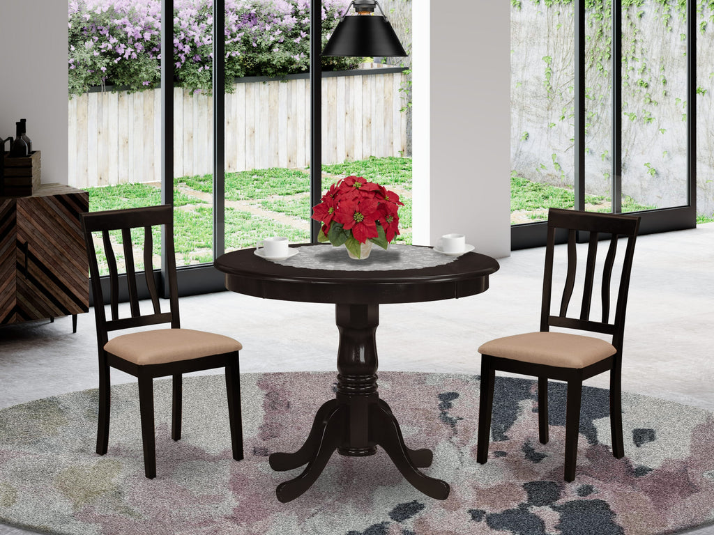 ANTI3-FTO-N 3-Piece Circular Dining Ensemble with Linen Chairs, Cappuccino Finish