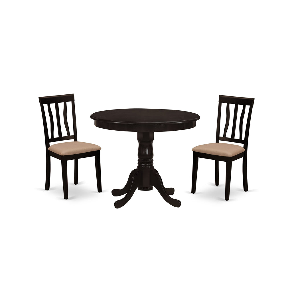 ANTI3-FTO-N 3-Piece Circular Dining Ensemble with Linen Chairs, Cappuccino Finish