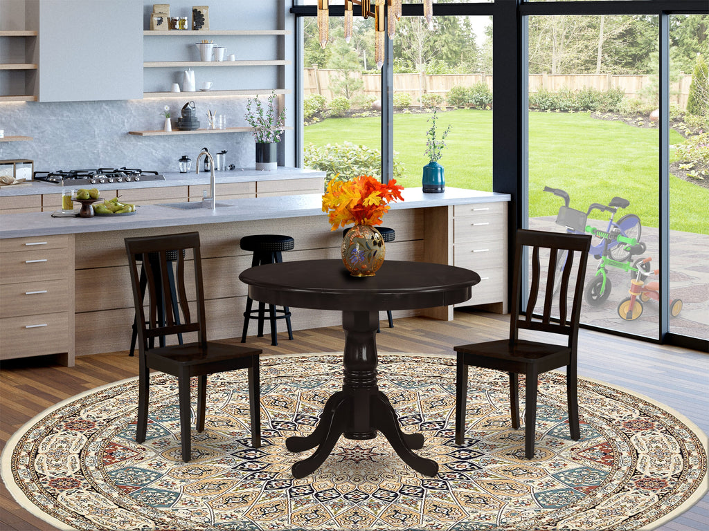 ANT3-N8V Trendy Cappuccino Dining Set with Round Pedestal Table and Two Chairs, Perfect 36 Space Saver