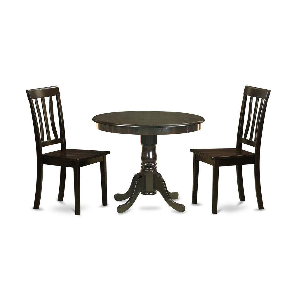 ANT3-N8V Trendy Cappuccino Dining Set with Round Pedestal Table and Two Chairs, Perfect 36 Space Saver