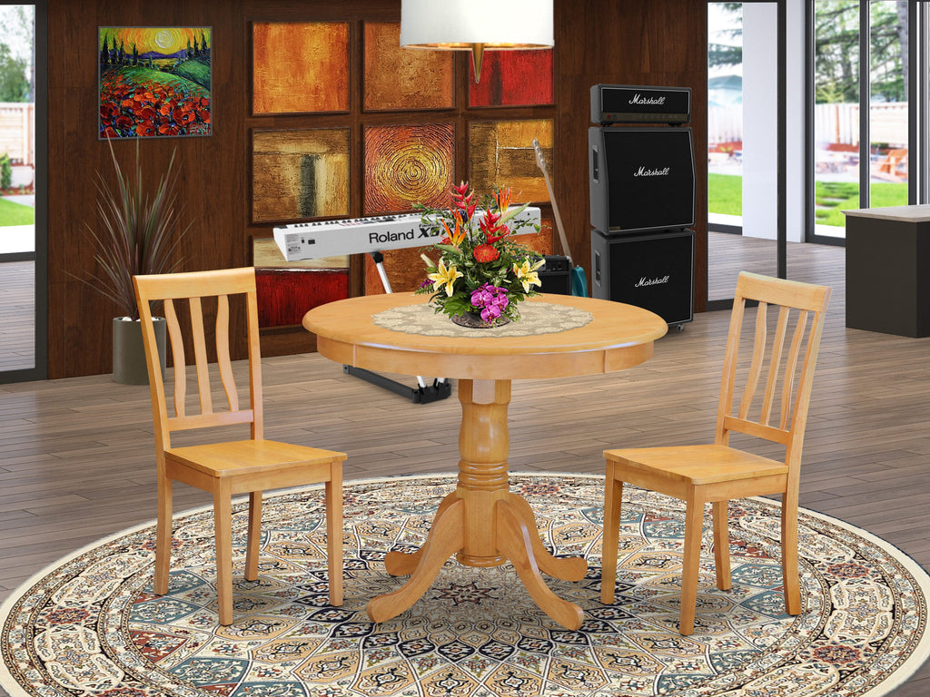 ANTI3-YI4-Y 3-Piece Set Round Pedestal Dining Table and Two Chairs, 36x36 Oak Finish