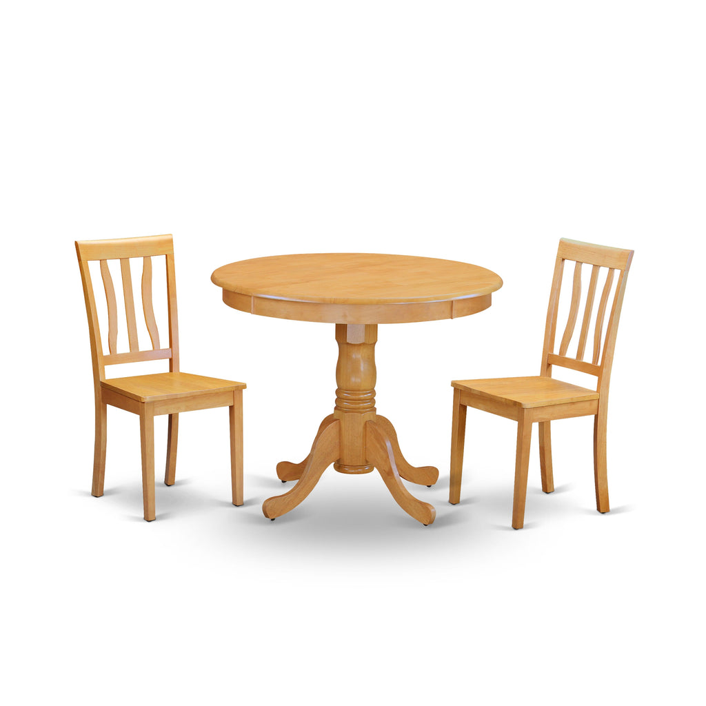 ANTI3-YI4-Y 3-Piece Set Round Pedestal Dining Table and Two Chairs, 36x36 Oak Finish