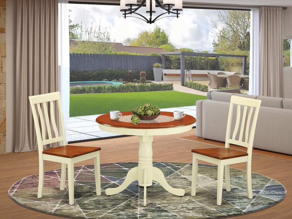 ANTI3-NWK-U Elegant 3-Piece Dining Set Featuring Round Pedestal Table and Two Chairs in Buttermilk