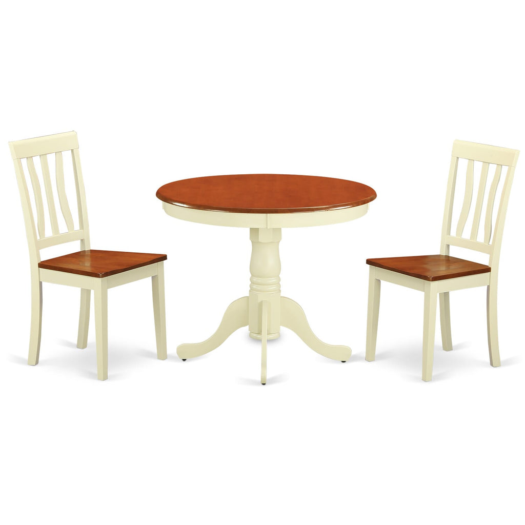 ANTI3-NWK-U Elegant 3-Piece Dining Set Featuring Round Pedestal Table and Two Chairs in Buttermilk