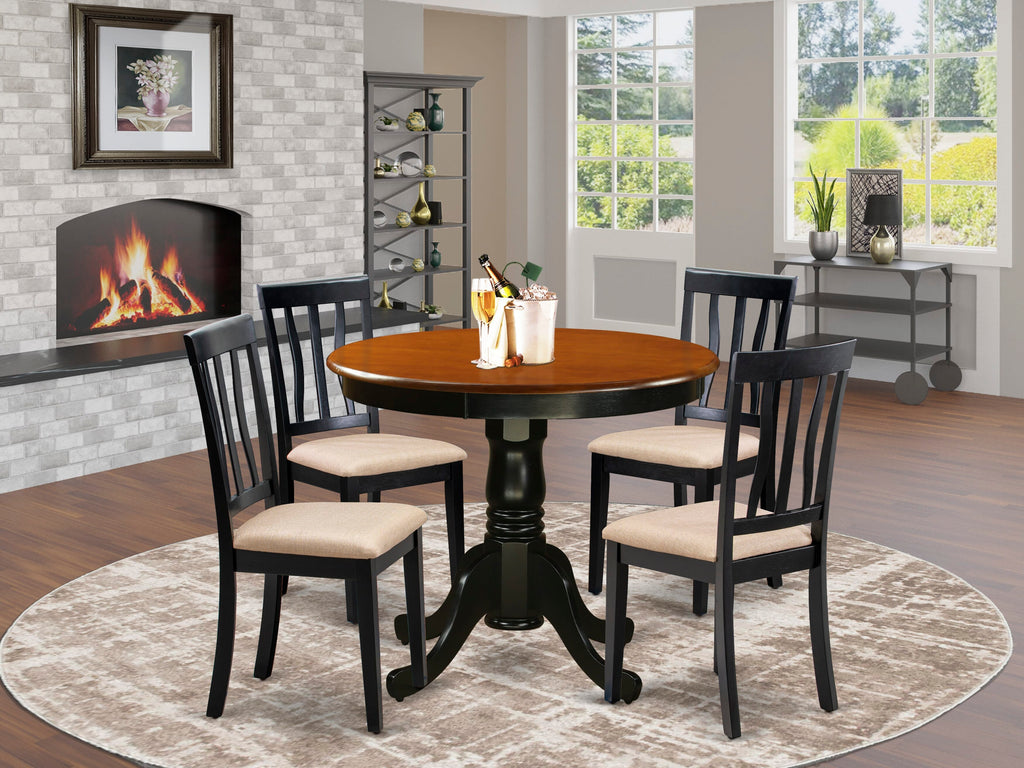 ANTI5-LYZ-9 5-Piece Dining Set with Round Pedestal Table and Four Upholstered Chairs, Black & Cherry Design, 36x36