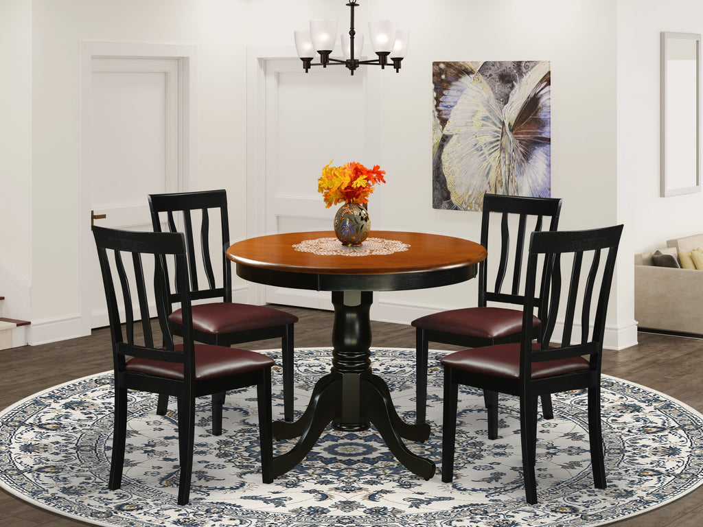ANTI5-YJY-93 5-Piece Table Set, Pedestal Round with Upholstered Seats, 36x36 in, Black & Cherry