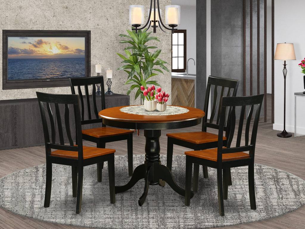 ANTI5-4VE-J Classic 5-Piece Dining Set with Round Table and Chairs in Black & Cherry Finish