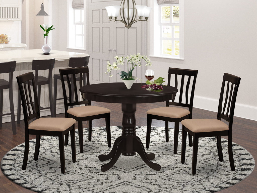 ANTI5-0R6-U 5-Piece Round Dining Table & Linen Upholstered Chair Set - 36-Inch Cappuccino