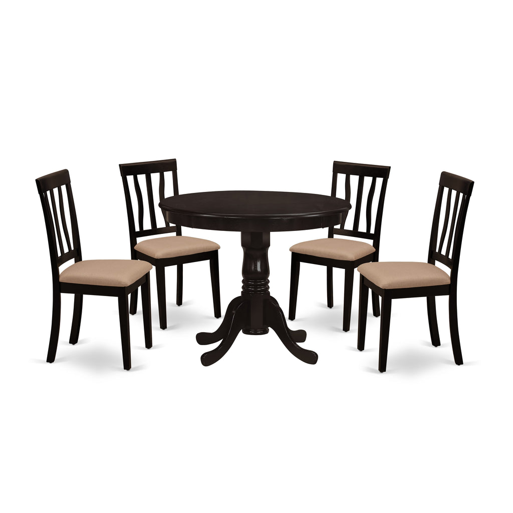 ANTI5-0R6-U 5-Piece Round Dining Table & Linen Upholstered Chair Set - 36-Inch Cappuccino